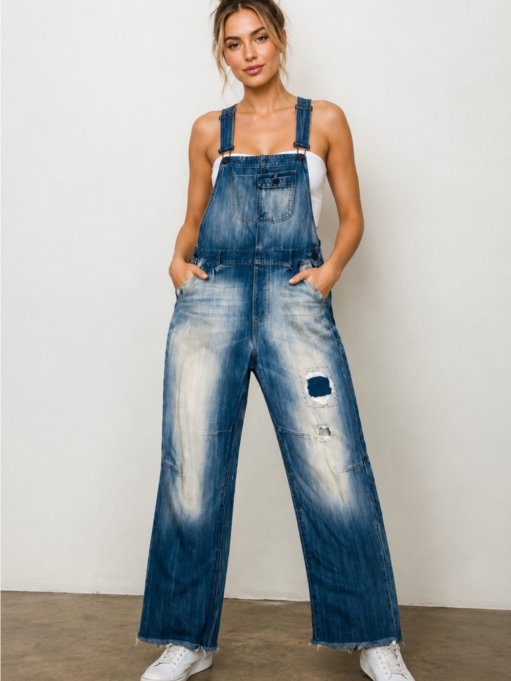 Hidden blue Y2K‎ inspired denim overalls jeans with raw hemline